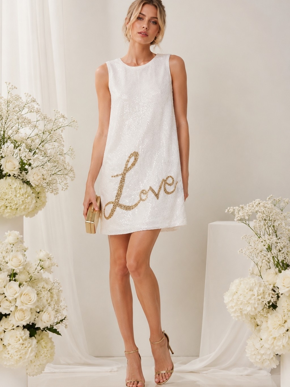 White Sequin Love Dress NWT Gold Script Cocktail Bridal Shower Sz 10 Wedding